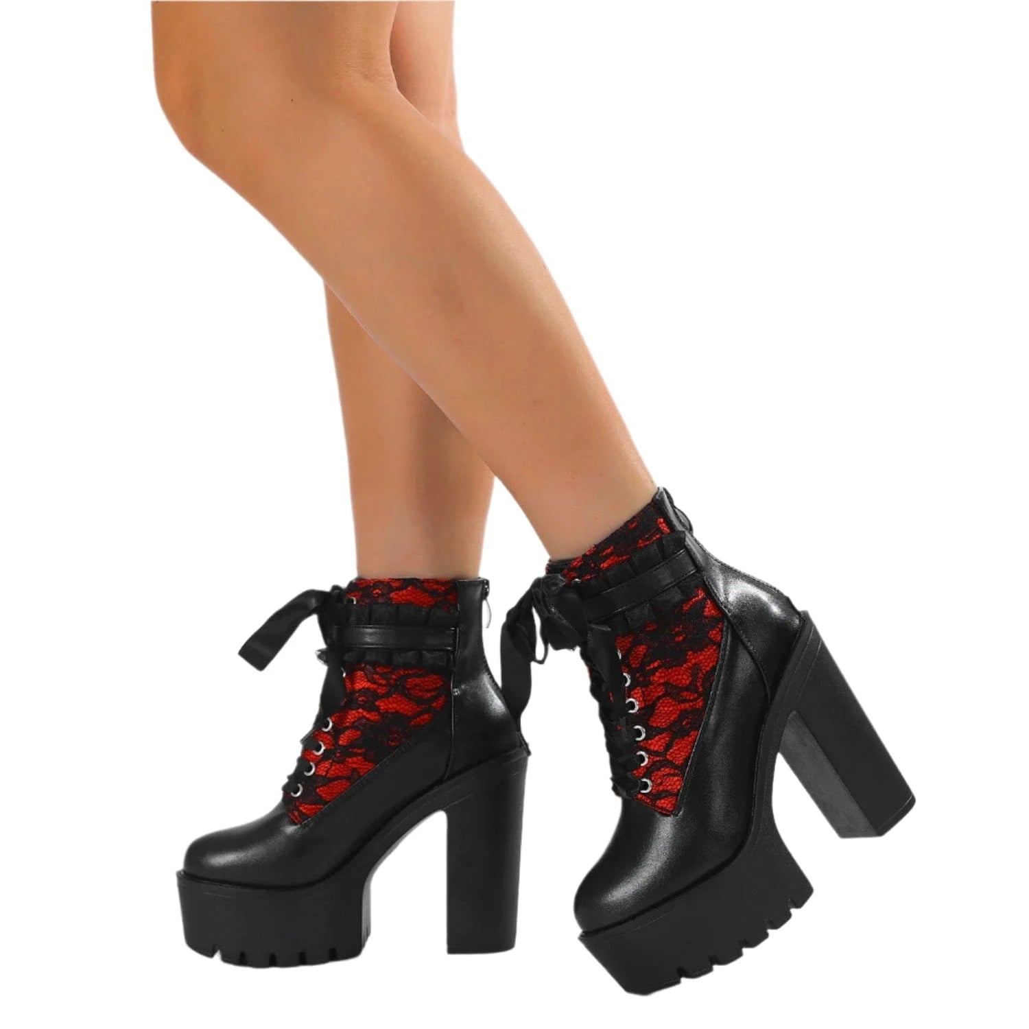 Gothic Lace Patchwork High Heel Ankle Boots for Women / Vintage European Style Zipper Closure Chunky Platform Boots Red