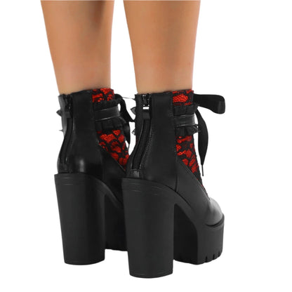 Gothic Lace Patchwork High Heel Ankle Boots for Women / Vintage European Style Zipper Closure Chunky Platform Boots Red