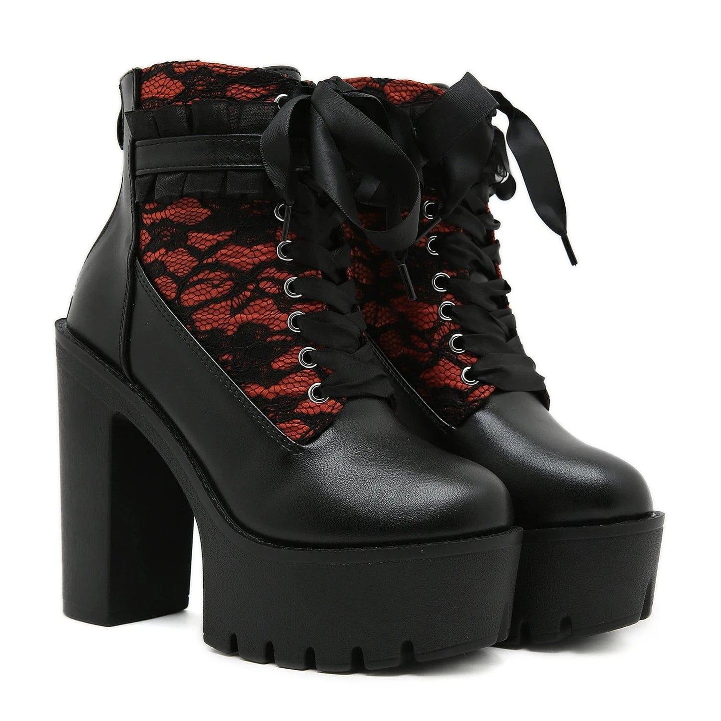 Gothic Lace Patchwork High Heel Ankle Boots for Women / Vintage European Style Zipper Closure Chunky Platform Boots Red