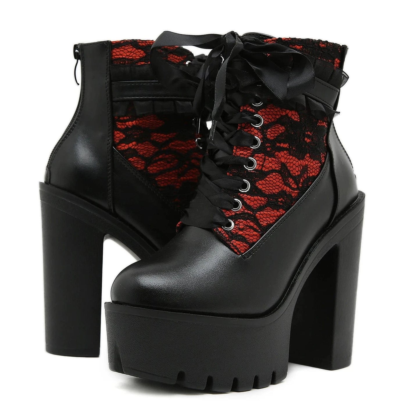 Gothic Lace Patchwork High Heel Ankle Boots for Women / Vintage European Style Zipper Closure Chunky Platform Boots Red