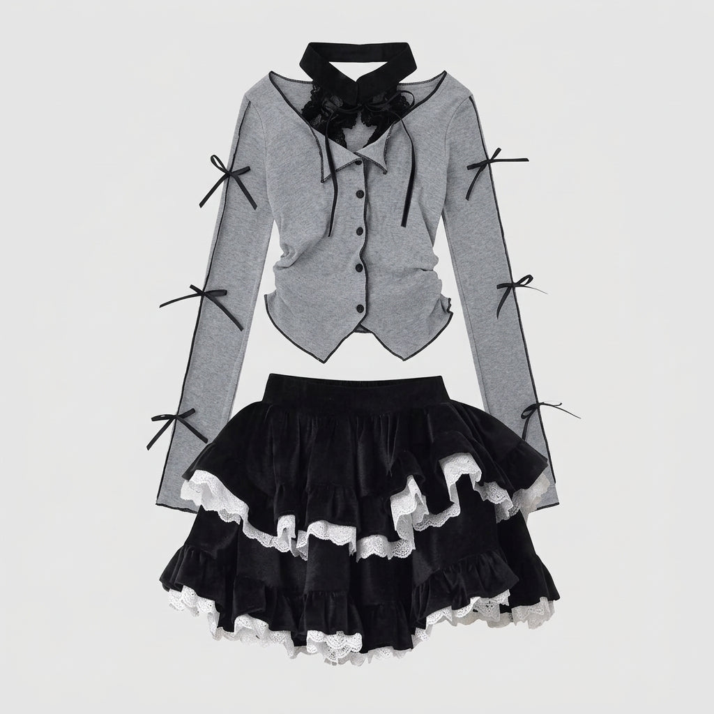 Gothic Skirt Set Bow Tie Tied Top Ballet Style Skirt 2 Piece Sets Lace Corduroy Mini Cake Layered Skirt Women Outfits Y2k Suit
