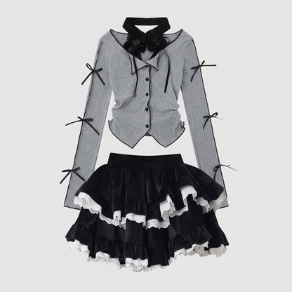 Gothic Skirt Set Bow Tie Tied Top Ballet Style Skirt 2 Piece Sets Lace Corduroy Mini Cake Layered Skirt Women Outfits Y2k Suit