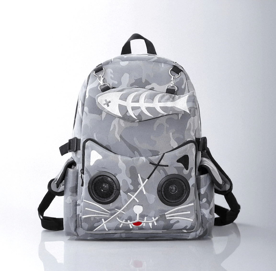 Gray Kawaii Goth Cat Bluetooth Speaker Backpack