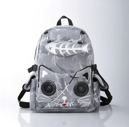 Gray Kawaii Goth Cat Bluetooth Speaker Backpack