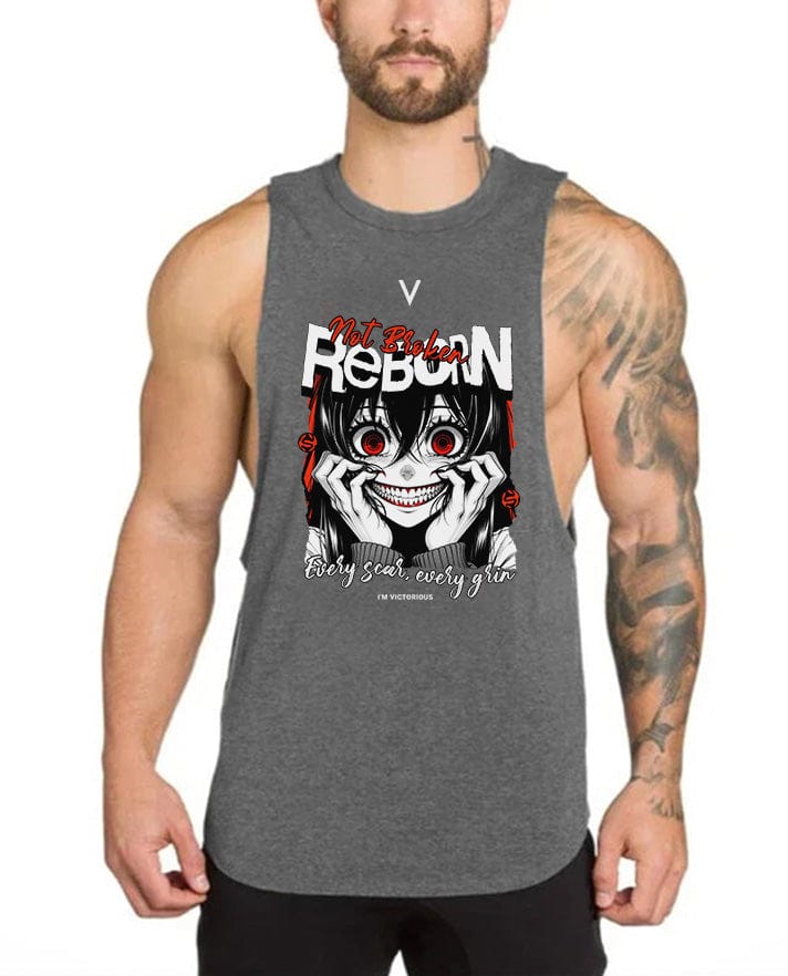 Gray / M Reborn V High Neck Tank Top - Gym Fitness Streetwear Tank Top