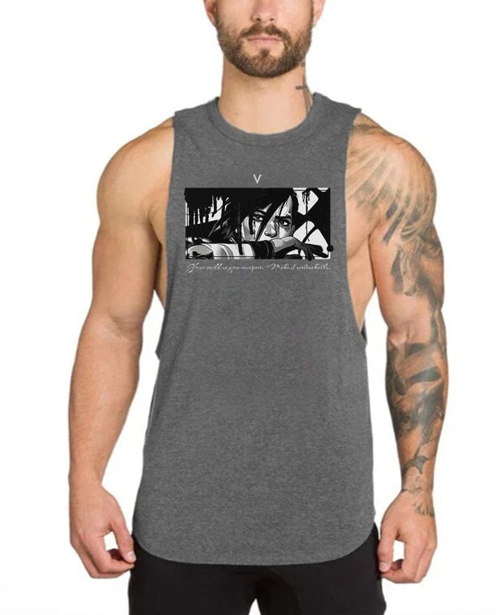 Gray / M Vi Dark Grunge Emo Arcane High Neck Tank Top - Gym Fitness Streetwear Tank Top