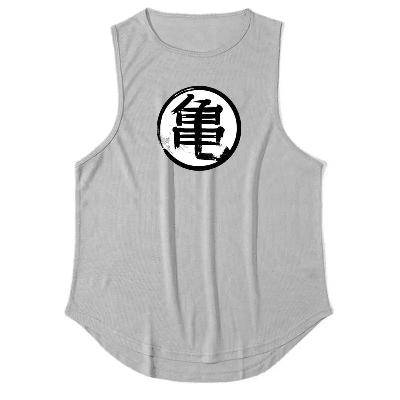 Gray / S Japanese Turtle Script Printed Mens Gym Tank Top / Quick Dry Bodybuilding Tank Top