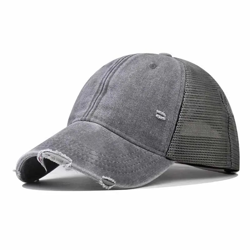Gray Washed Cotton Mesh Breathable Baseball Cap / Old Ripped Caps Men and Women