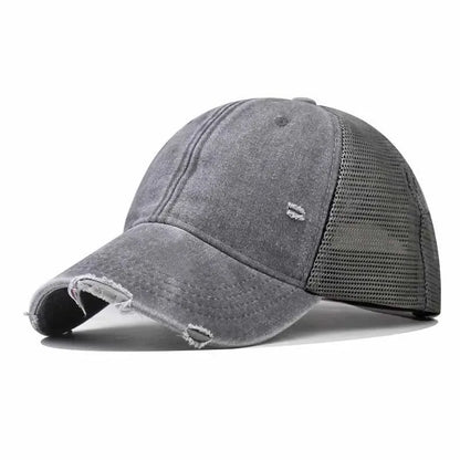 Gray Washed Cotton Mesh Breathable Baseball Cap / Old Ripped Caps Men and Women