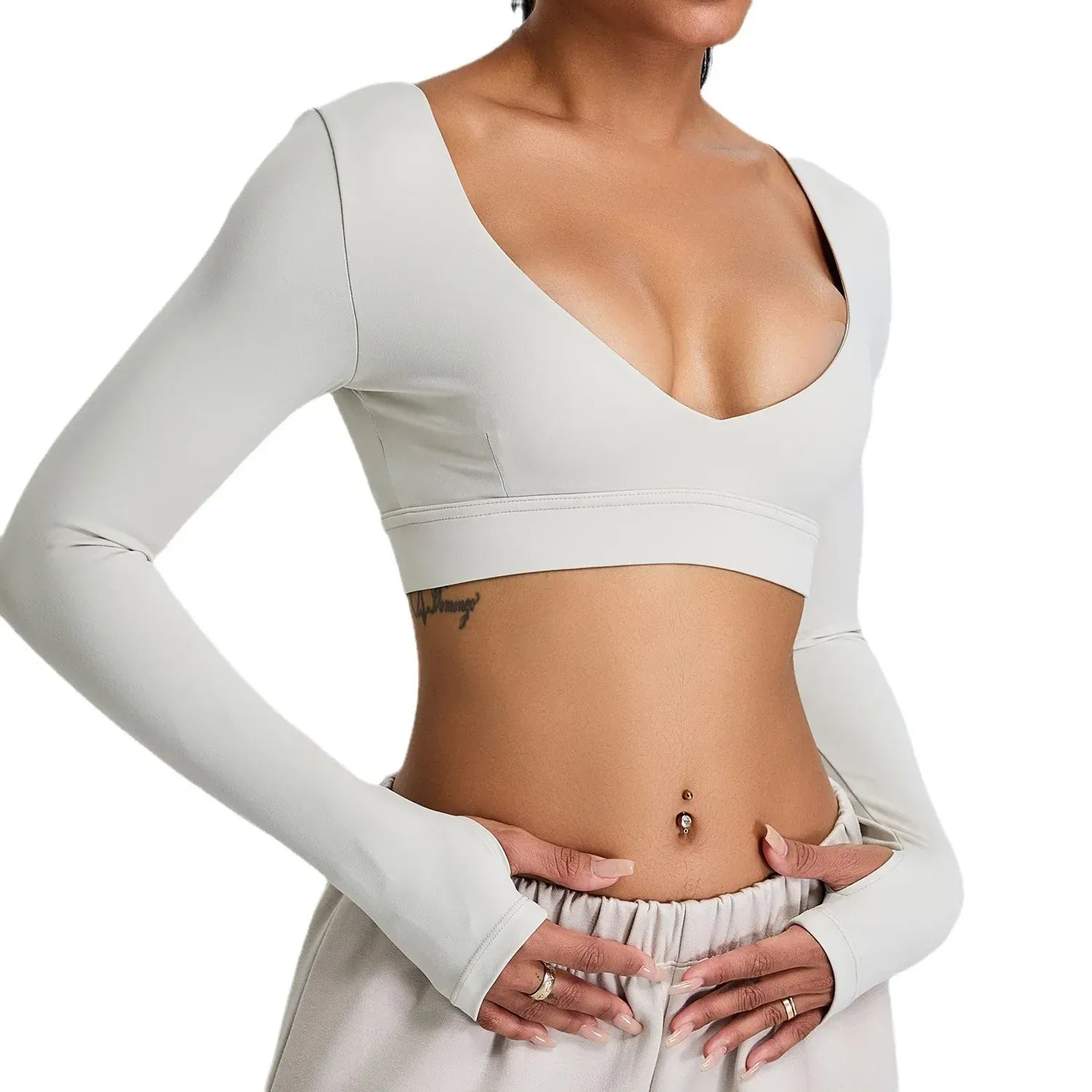 Gray white / S V Neck Long Sleeve Yoga Shirt
