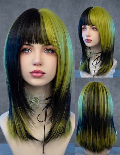 Green and Black Black and Green Mix Layer Wig