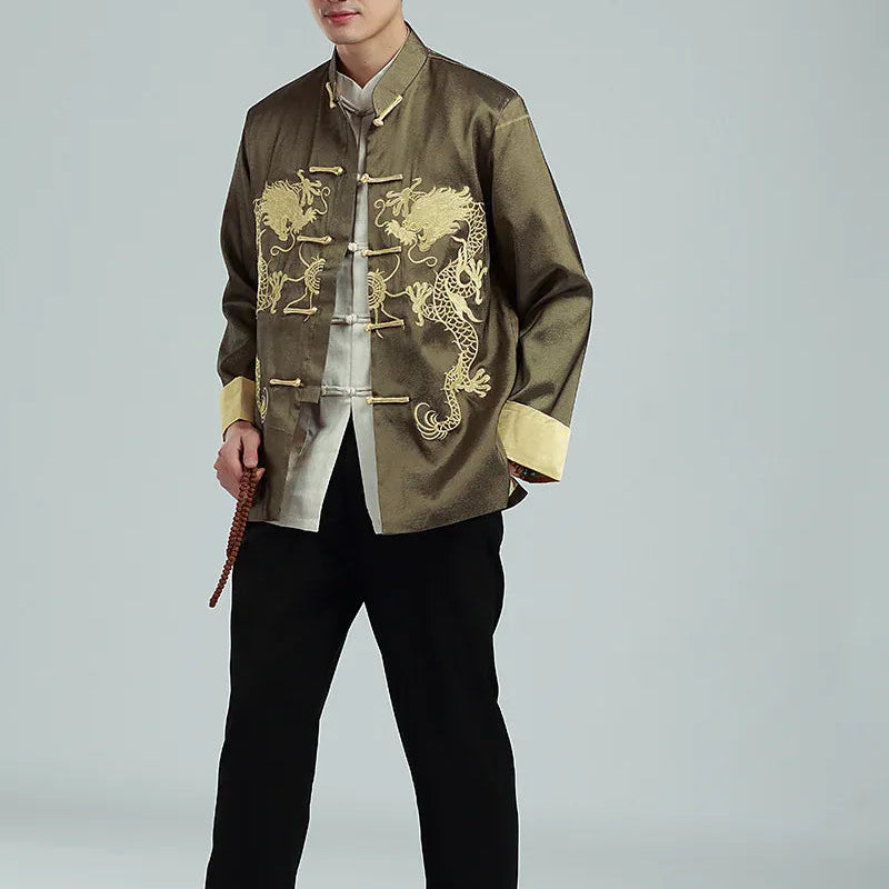 Green / M Vintage-style Men's Long-sleeve Jacket with Gold Embroidered Chinese Dragon Design; Available in Black, Gray, Blue, and Red.
