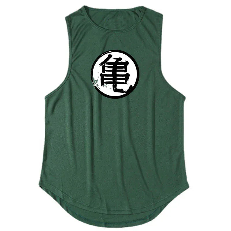 Green / S Japanese Turtle Script Printed Mens Gym Tank Top / Quick Dry Bodybuilding Tank Top