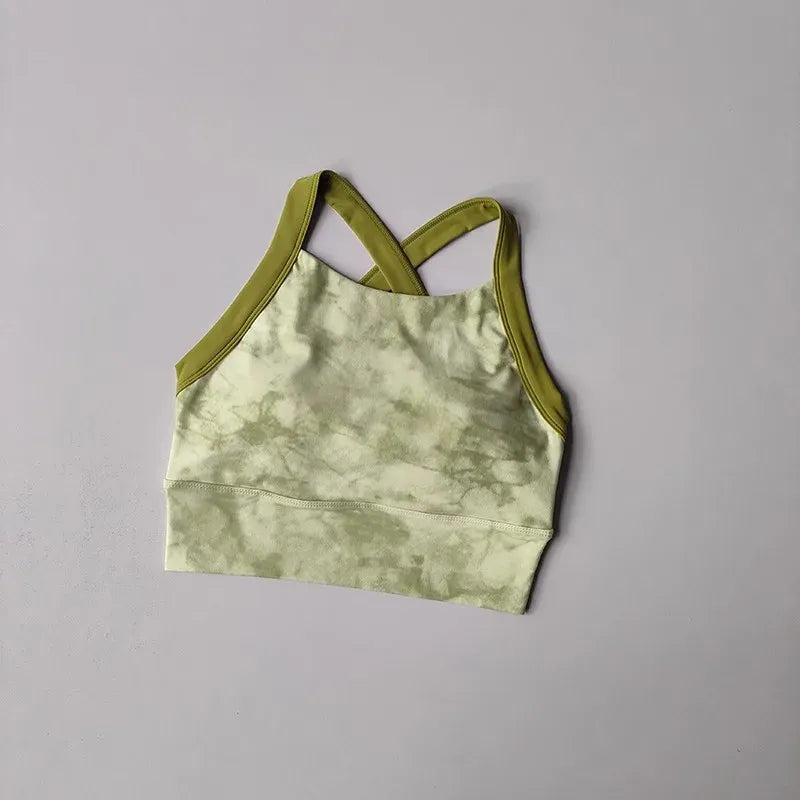 Green / S Women Cross Strap Nature Pattern Sports Bra/ Yoga Gym Crop Top