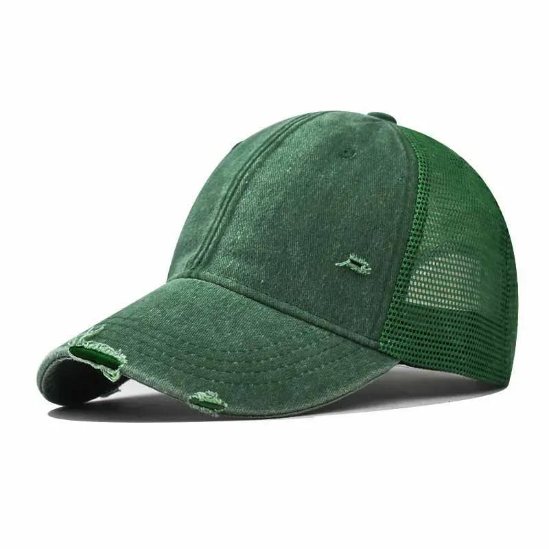 Green Washed Cotton Mesh Breathable Baseball Cap / Old Ripped Caps Men and Women