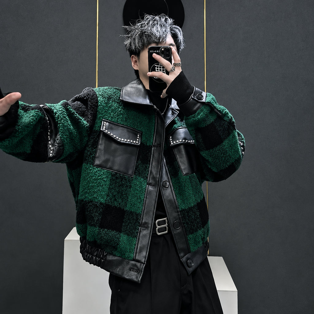 Green / XXL Gmiixder Y2K Punk Streetwear Jacket Women Men Green Checkered Fleece Coat Rivet Decor Spliced Leather Sleeve Hip Hop Jacket