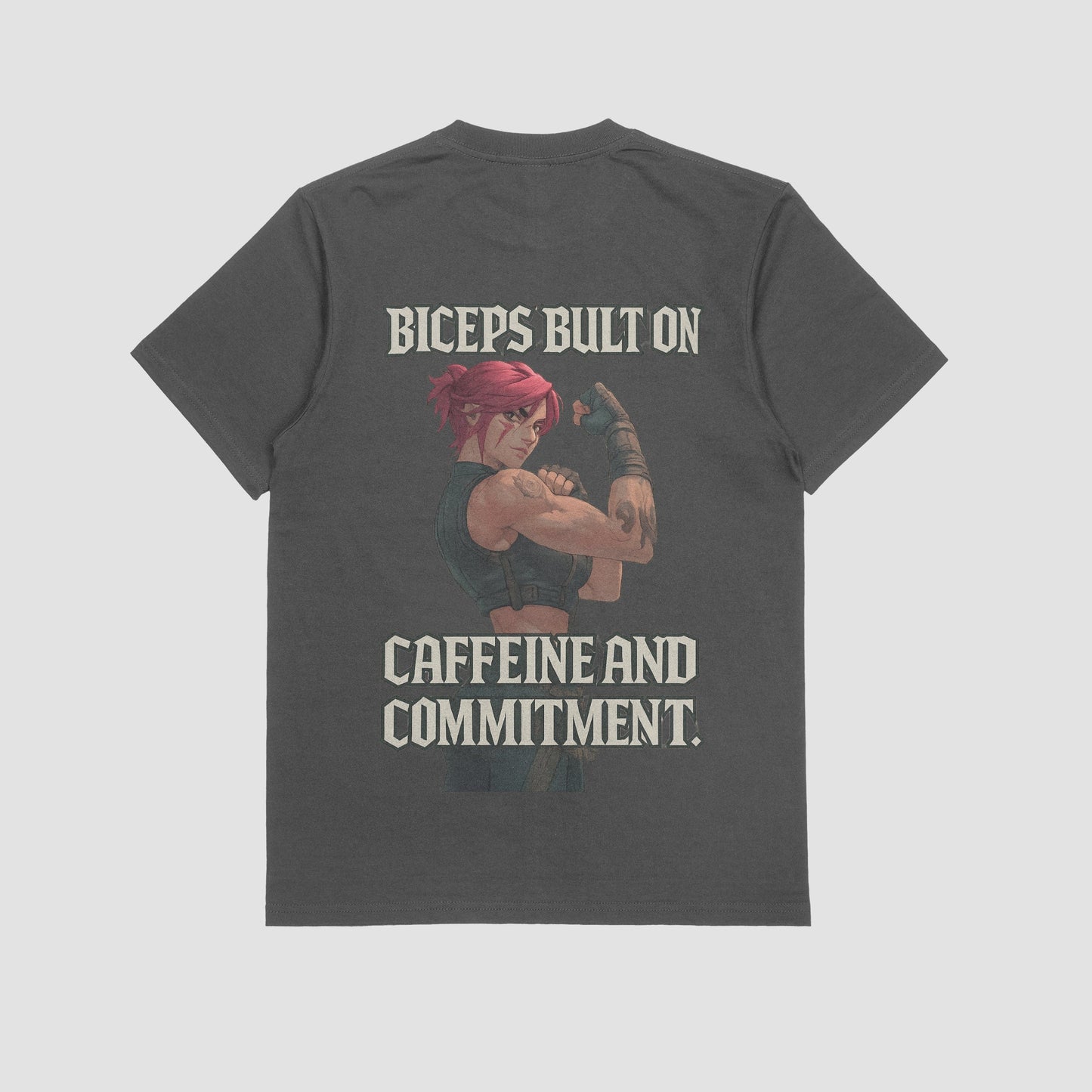 Grey / M Vi "Biceps, Caffeine, & Commitment" Gym T-shirt (Oversized)