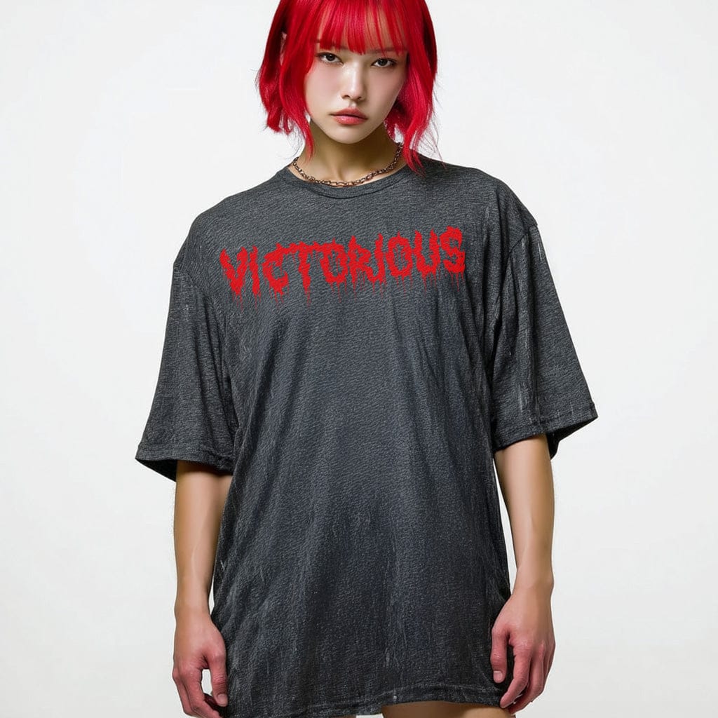 Grey / M Victorious Japan Horror Letters Oversize T-shirt (Oversize)