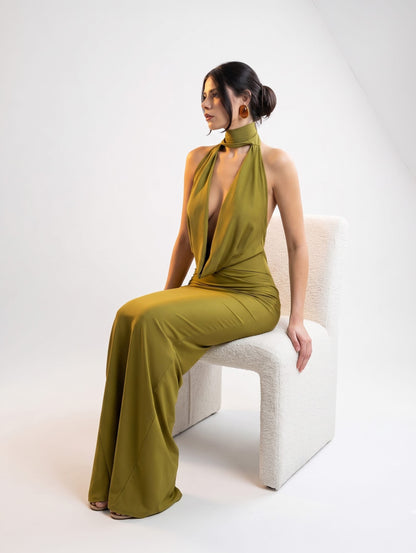 Halter V Neck Backless Prom Dress
