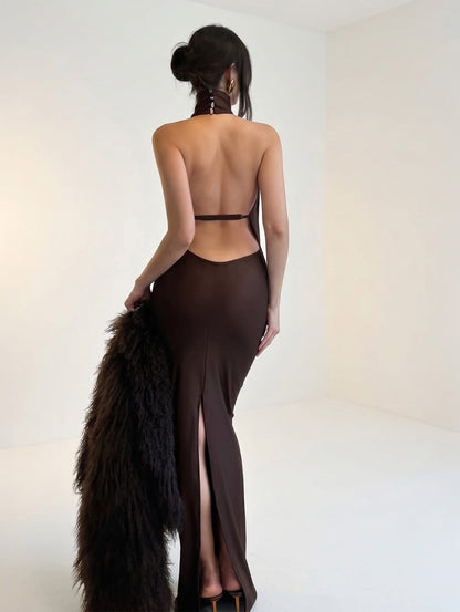 Halter V Neck Backless Prom Dress
