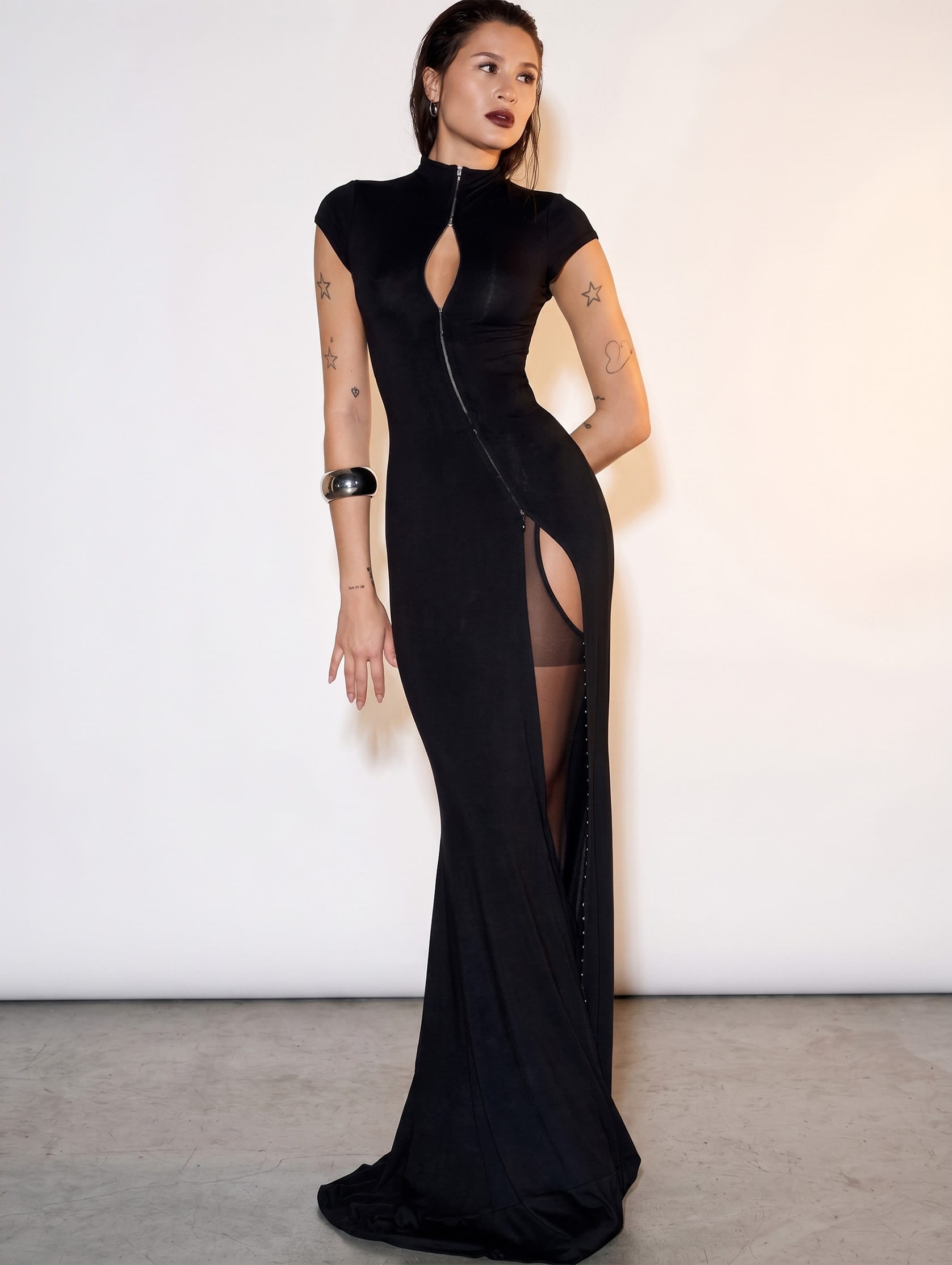 High Collar Split Solid Long Dress