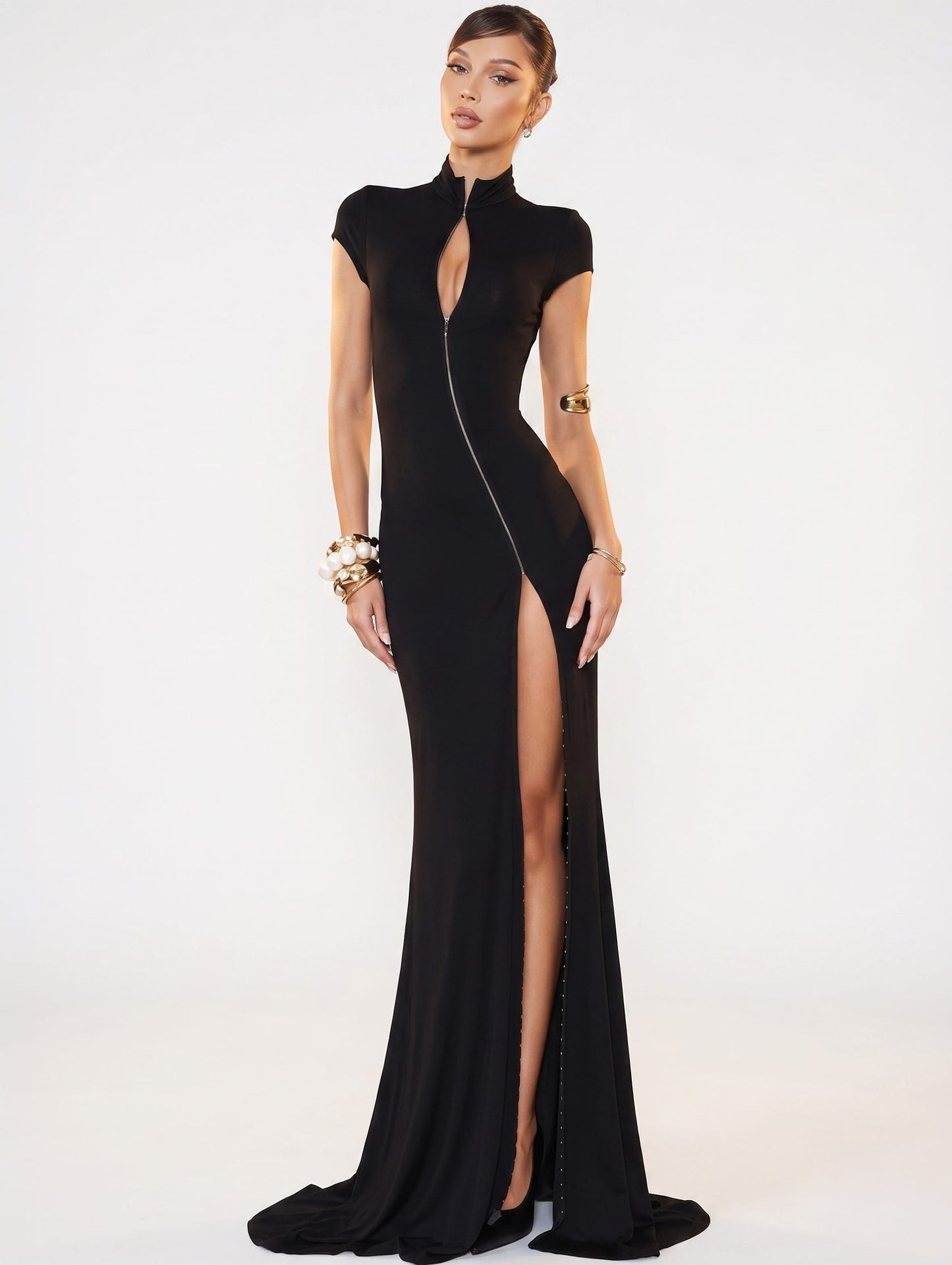 High Collar Split Solid Long Dress