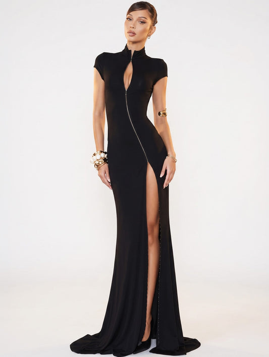 High Collar Split Solid Long Dress