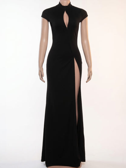 High Collar Split Solid Long Dress