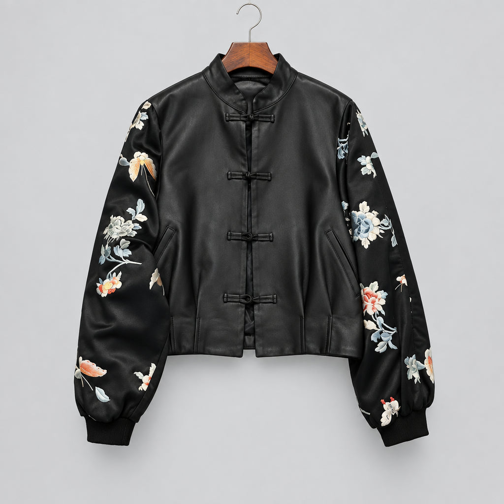 High-end Vintage Embroidery Patchwork Leather Jacket Women's Spring Autumn PU Leather Coat Long Sleeves Button Design Outerwear