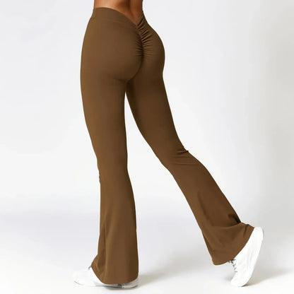Huacha Brown / M / CHINA V-shaped Hip Yoga Pants Flare Leggings Women High Waist Wide Leg Pants Women Gym Fitness Sports Flared Pant Dance Trousers