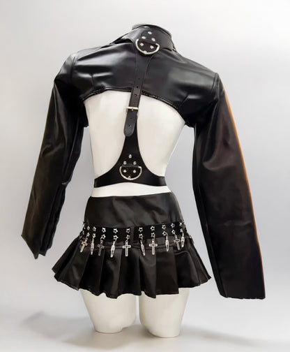 Gothic Leather Punk Crop Top and Skirt