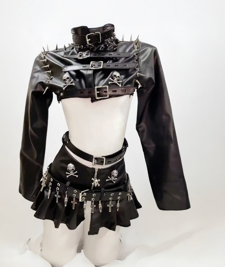 Gothic Leather Punk Crop Top and Skirt