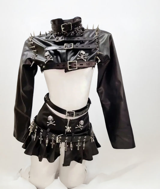Gothic Leather Punk Crop Top and Skirt