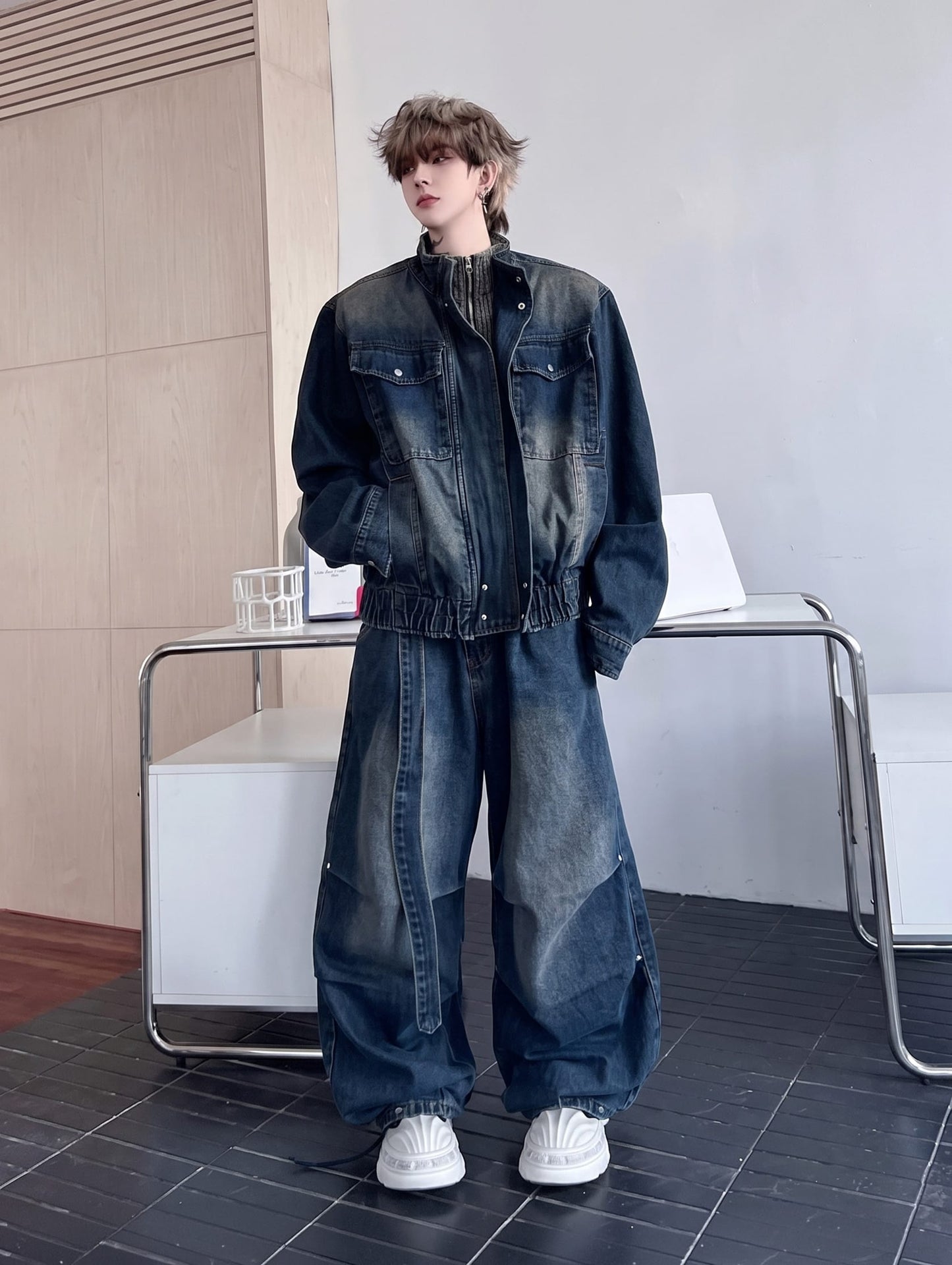 K-fashion Men's Cargo Denim Set / Wide Leg Jeans & Jacket