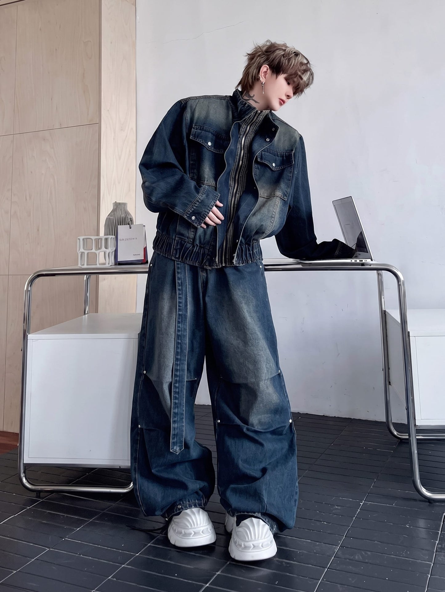 K-fashion Men's Cargo Denim Set / Wide Leg Jeans & Jacket
