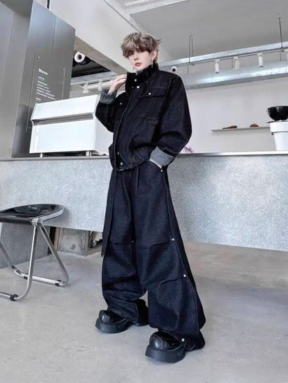 K-fashion Men's Cargo Denim Set / Wide Leg Jeans & Jacket