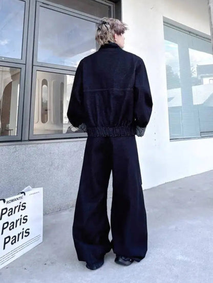 K-fashion Men's Cargo Denim Set / Wide Leg Jeans & Jacket