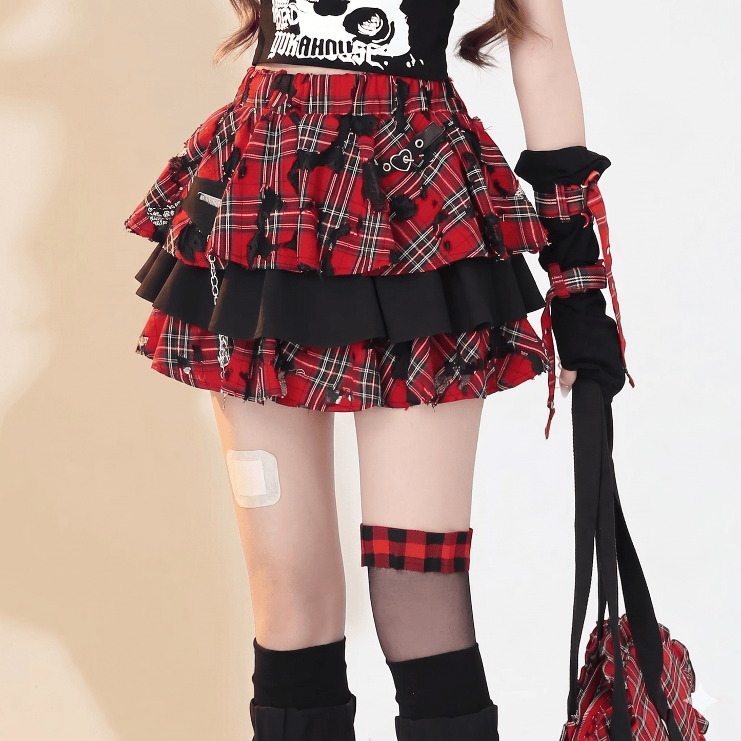 K-fashion Red Plaid Cake Skirt & Leg Warmer