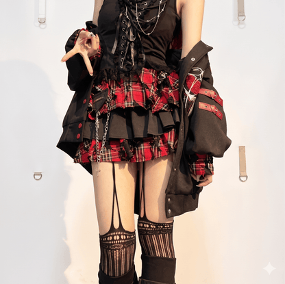 K-fashion Red Plaid Cake Skirt & Leg Warmer