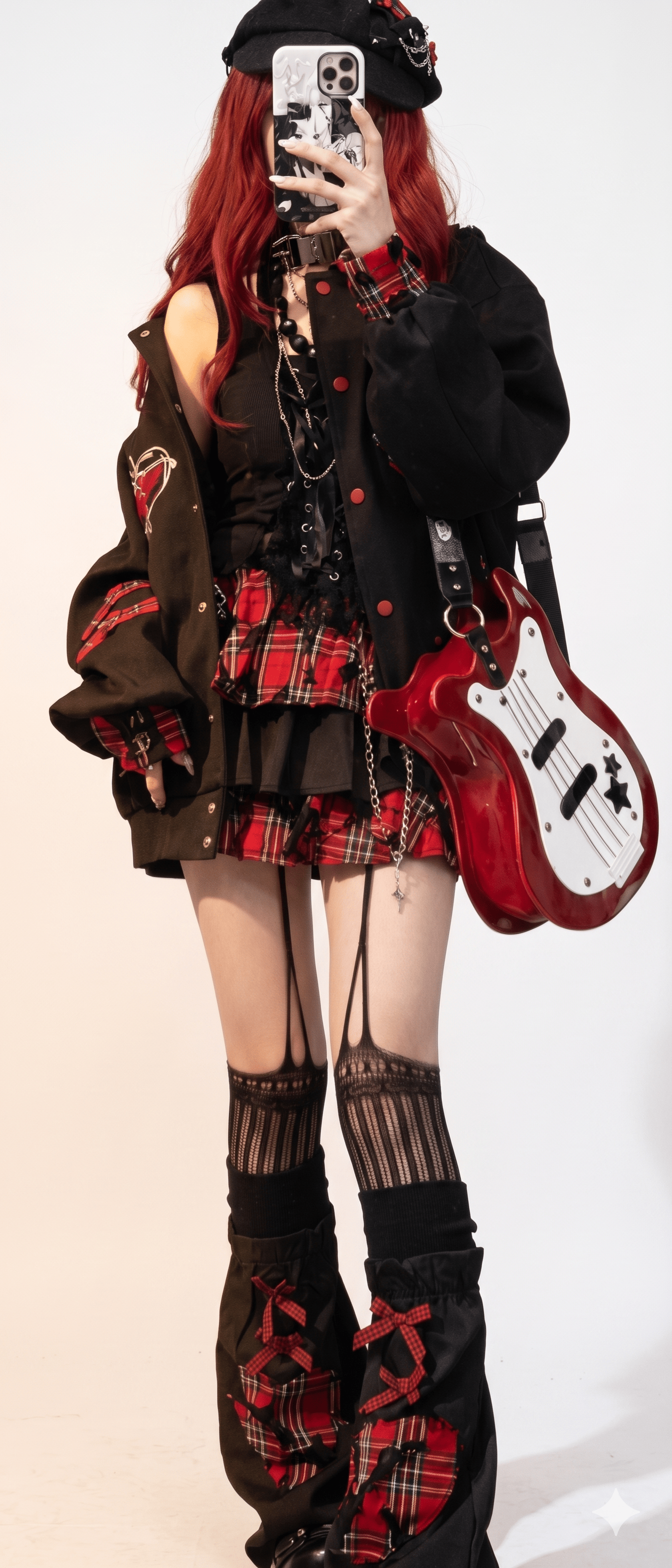 K-fashion Red Plaid Cake Skirt & Leg Warmer