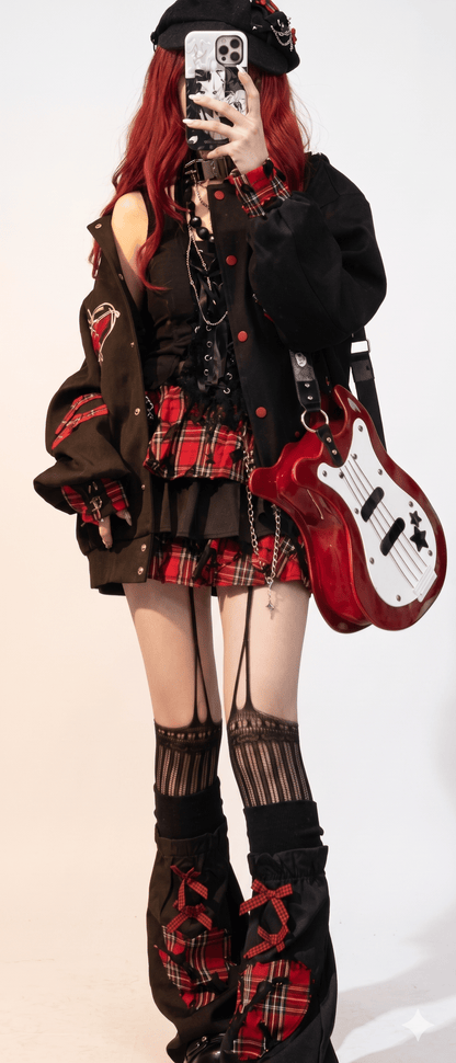 K-fashion Red Plaid Cake Skirt & Leg Warmer