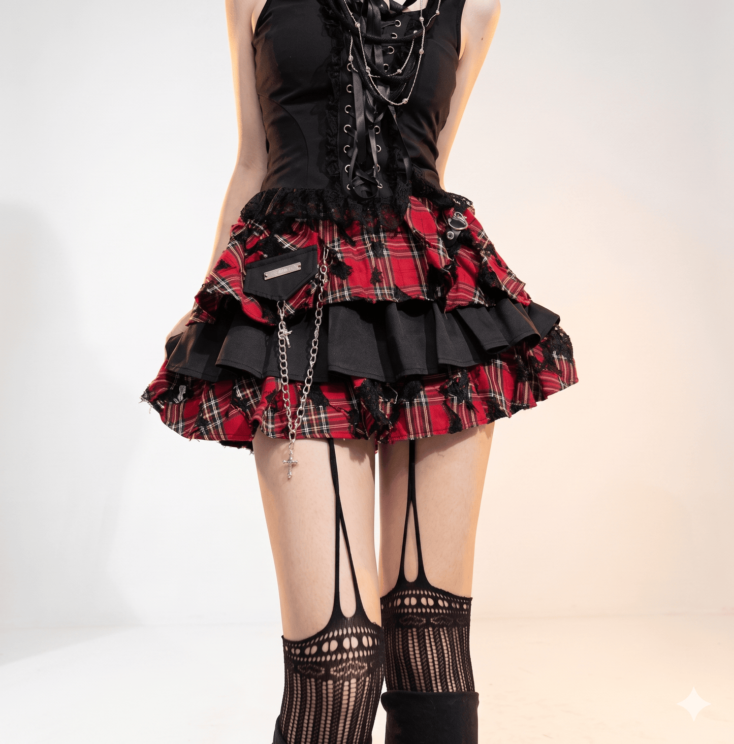 K-fashion Red Plaid Cake Skirt & Leg Warmer