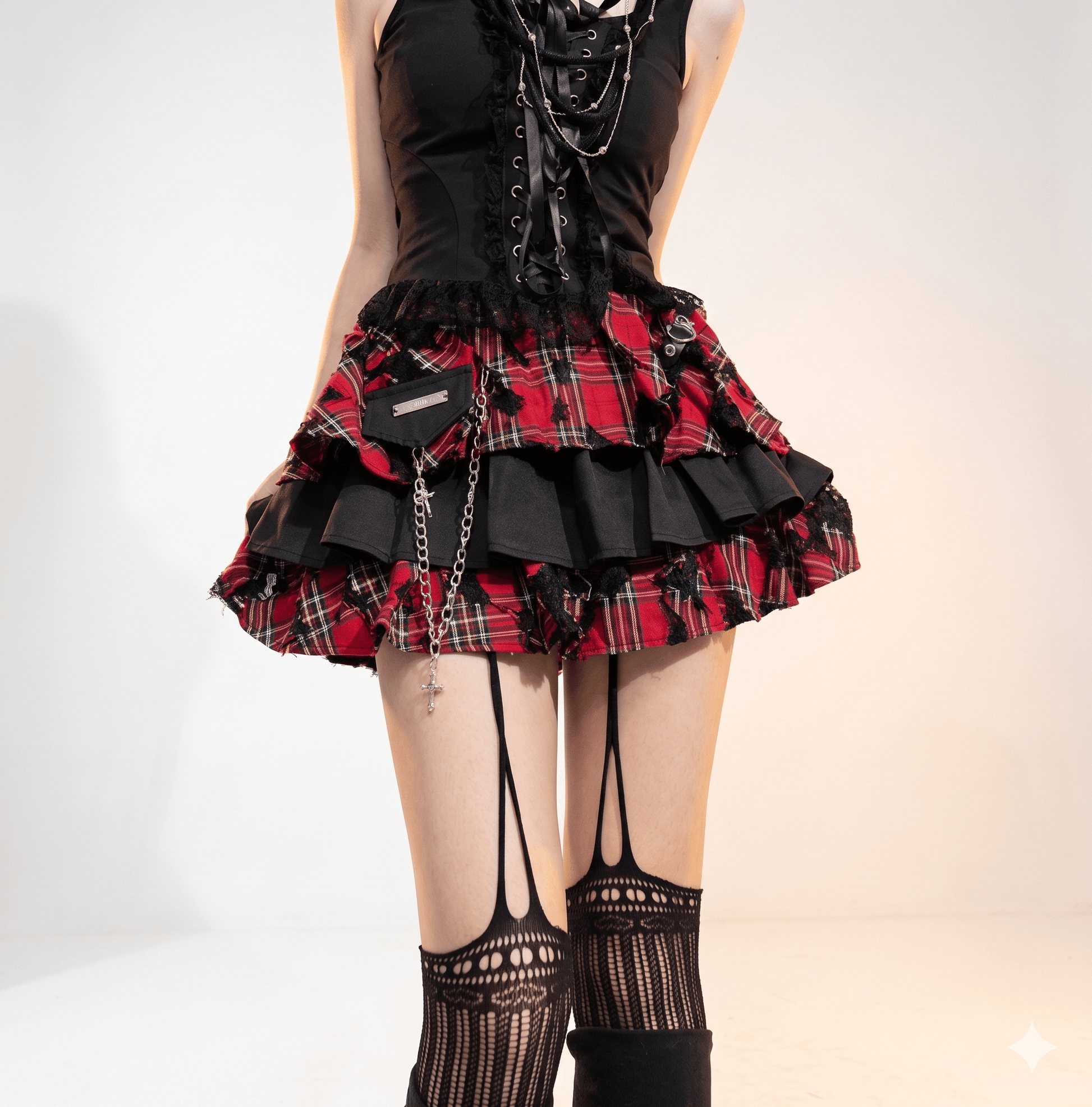 K-fashion Red Plaid Cake Skirt & Leg Warmer
