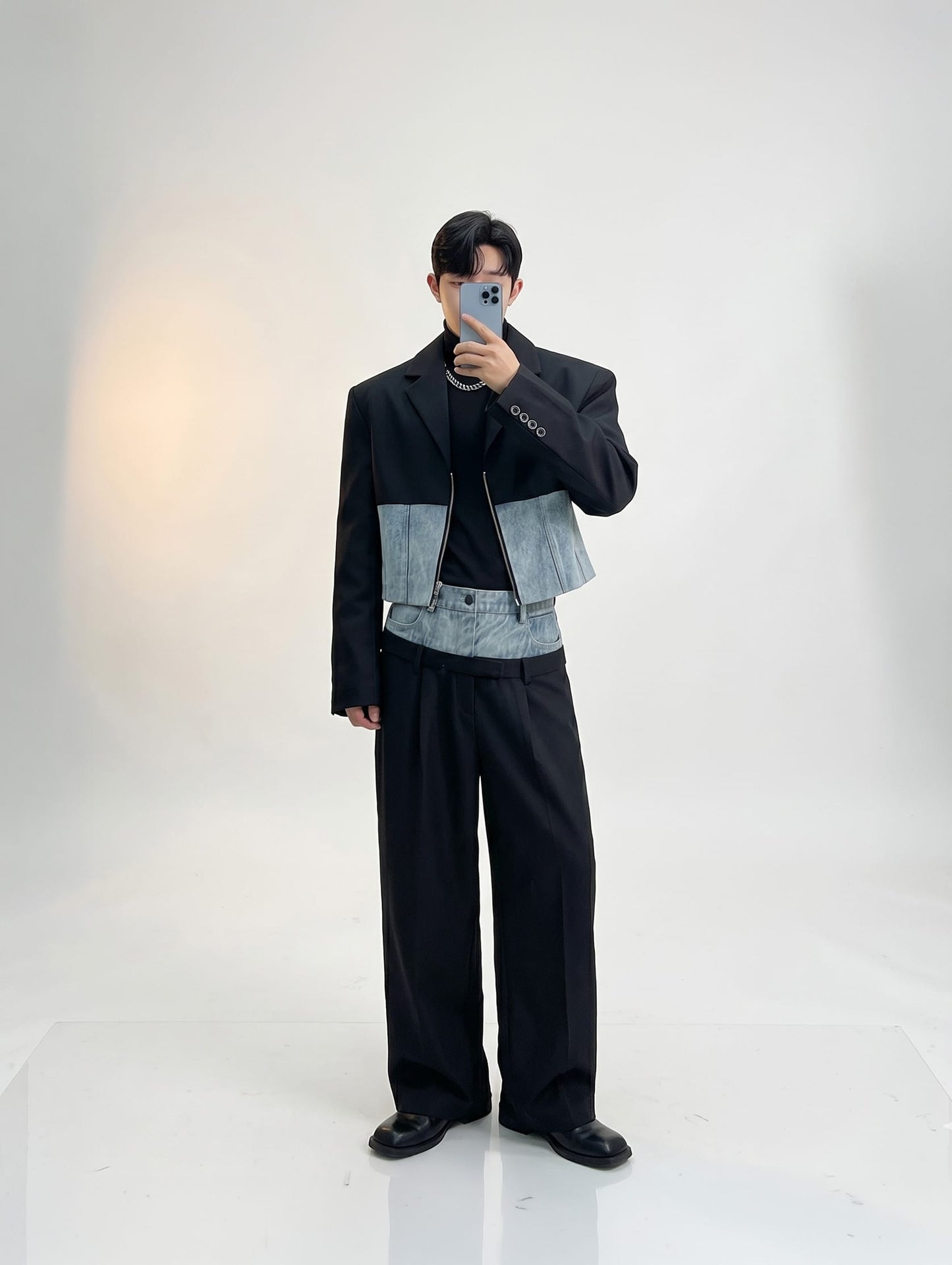 K-Style Hybrid Denim-Block Short Blazer & Ultra-Wide Dress Pants Co-ord