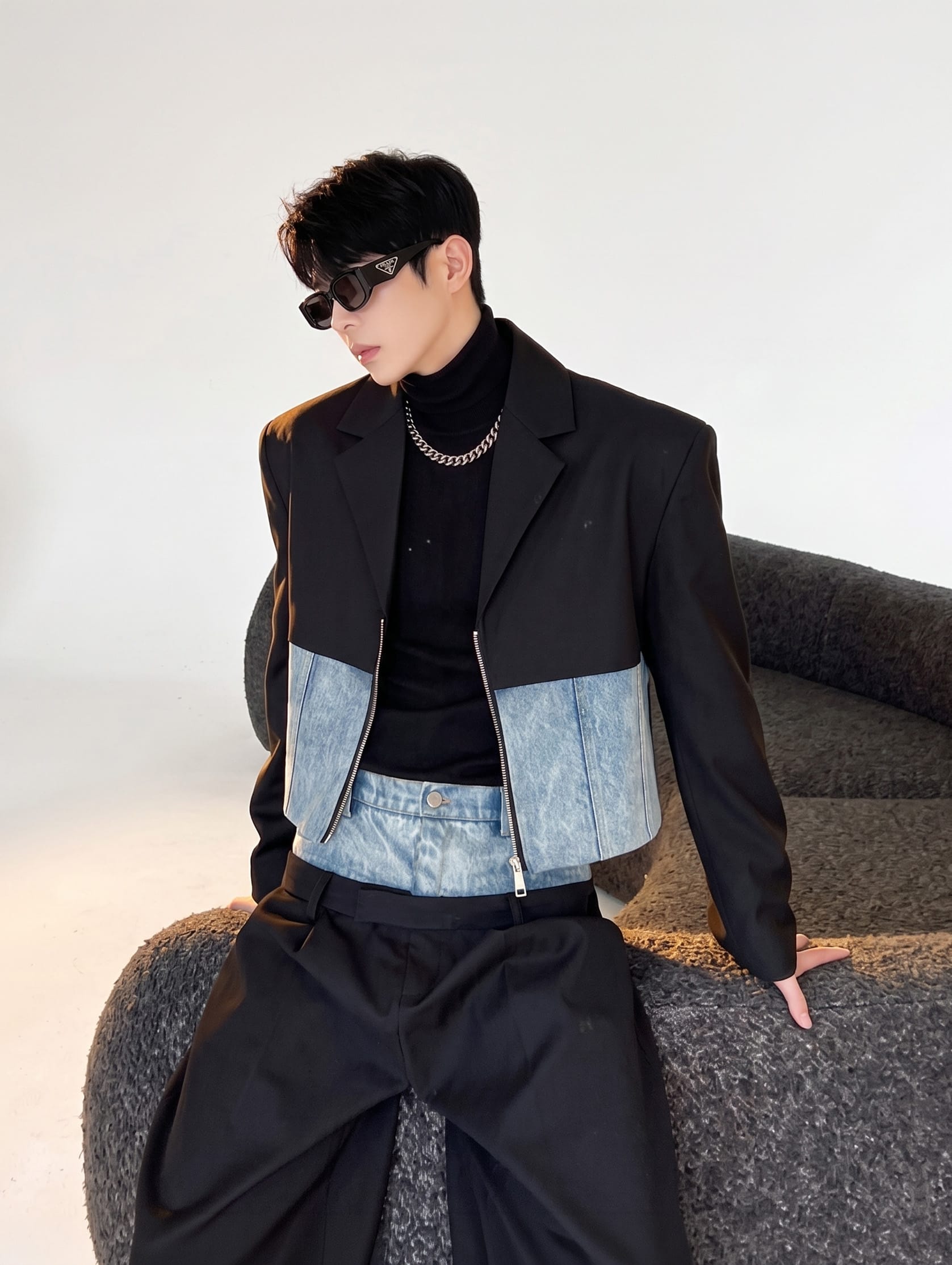 K-Style Hybrid Denim-Block Short Blazer & Ultra-Wide Dress Pants Co-ord