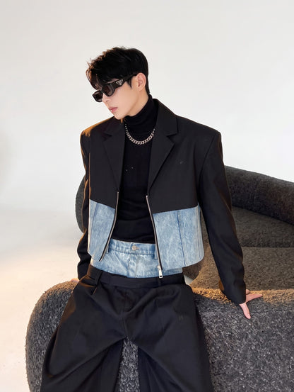 K-Style Hybrid Denim-Block Short Blazer & Ultra-Wide Dress Pants Co-ord
