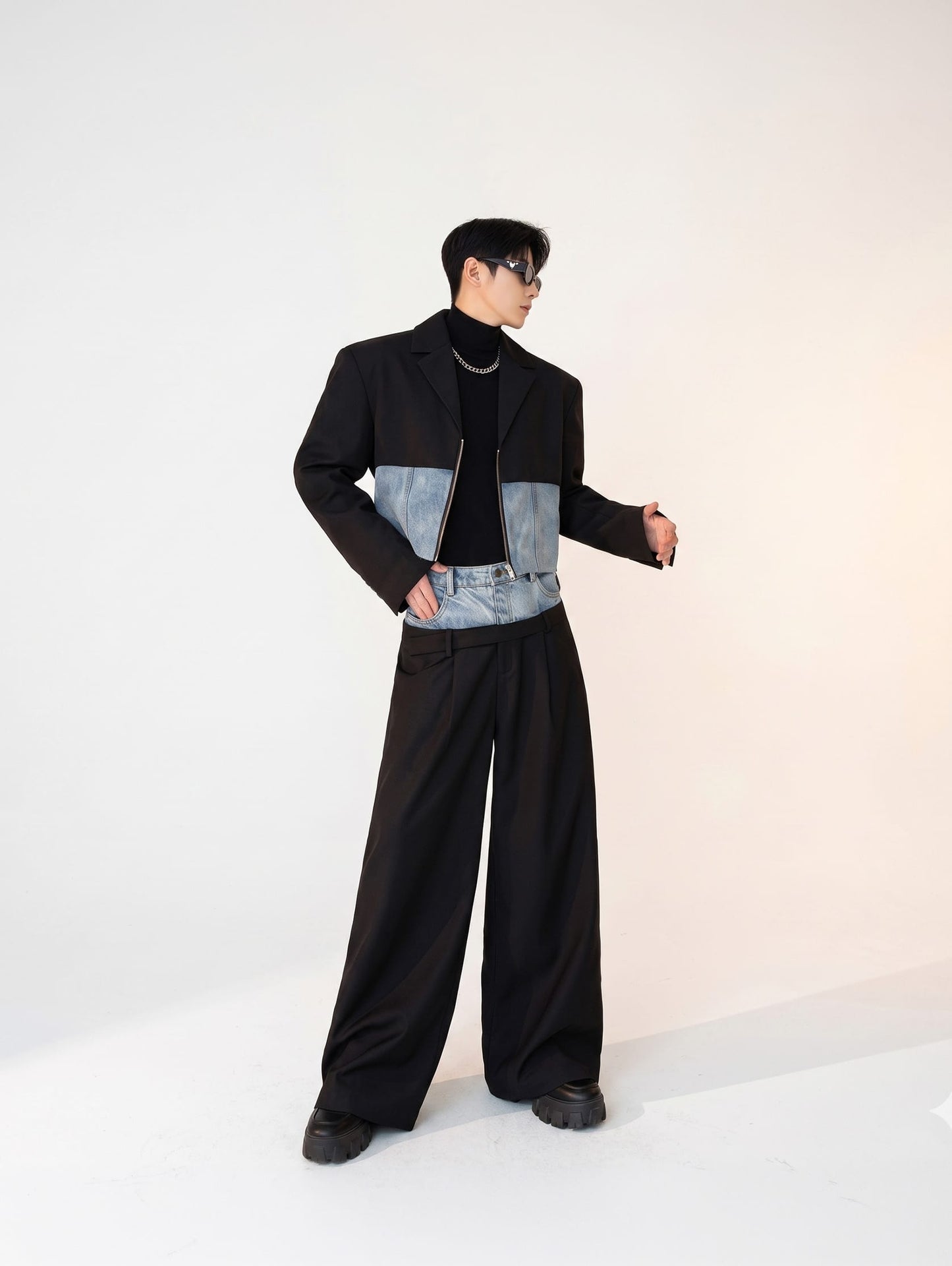 K-Style Hybrid Denim-Block Short Blazer & Ultra-Wide Dress Pants Co-ord