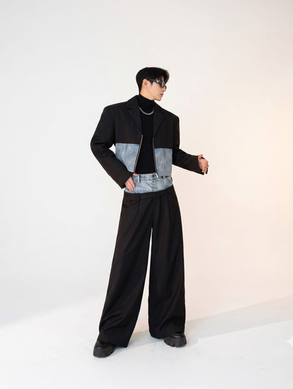 K-Style Hybrid Denim-Block Short Blazer & Ultra-Wide Dress Pants Co-ord