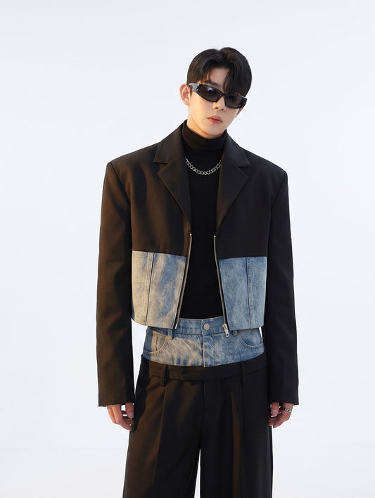 K-Style Hybrid Denim-Block Short Blazer & Ultra-Wide Dress Pants Co-ord