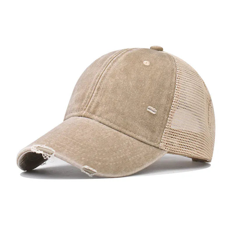 Khaki Washed Cotton Mesh Breathable Baseball Cap / Old Ripped Caps Men and Women